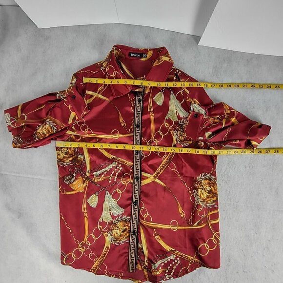 Boohoo Women's Red And Yellow Ring, Tassel Button Down Collared Blouse Size 12 - Picture 7 of 12